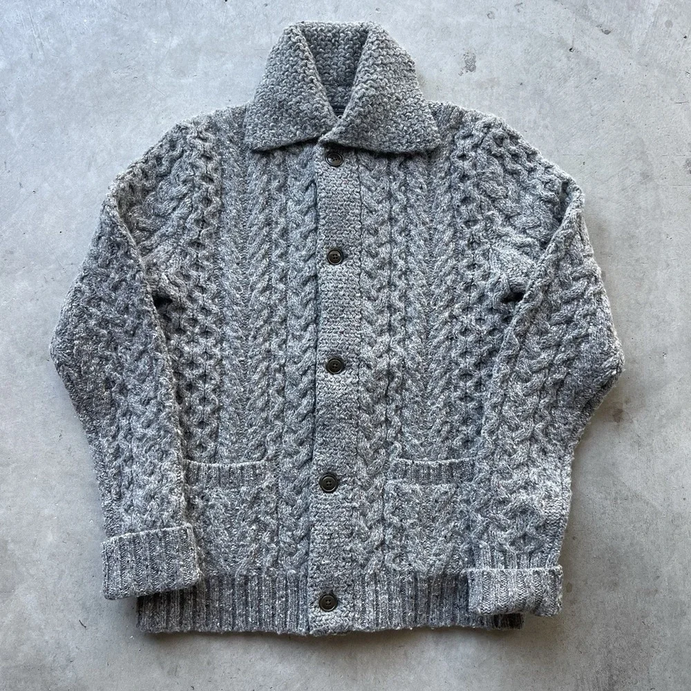 RRL Ralph Lauren Speckled Aran Chunky Cable Knit Wool Shawl Cardigan Men's Small